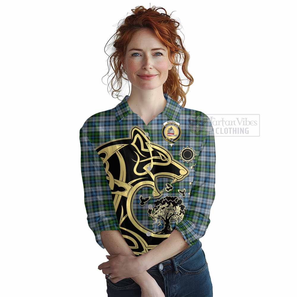 Tartan Vibes Clothing MacNeil (McNeil) Tartan Women's Casual Shirt with Family Crest Celtic Wolf Style
