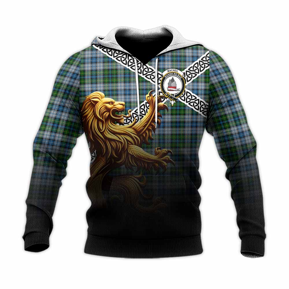 Tartan Vibes Clothing MacNeil (McNeil) Crest Tartan Knitted Hoodie with Golden Lion Emblem Celtic Style