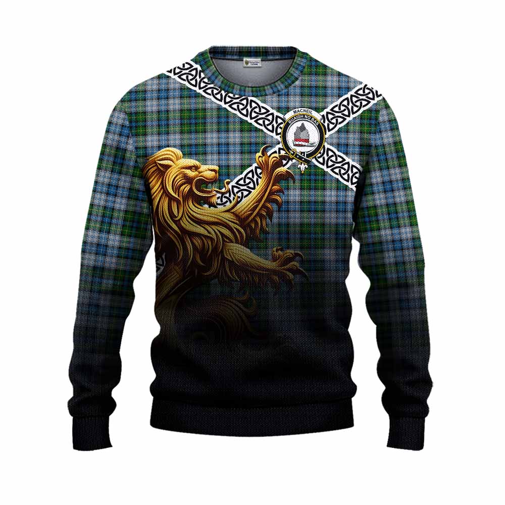 Tartan Vibes Clothing MacNeil (McNeil) Crest Tartan Knitted Sweater with Golden Lion Emblem Celtic Style