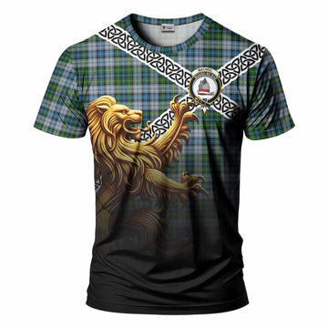 MacNeil (McNeil) Crest Tartan T-Shirt with Golden Lion Emblem Celtic Style
