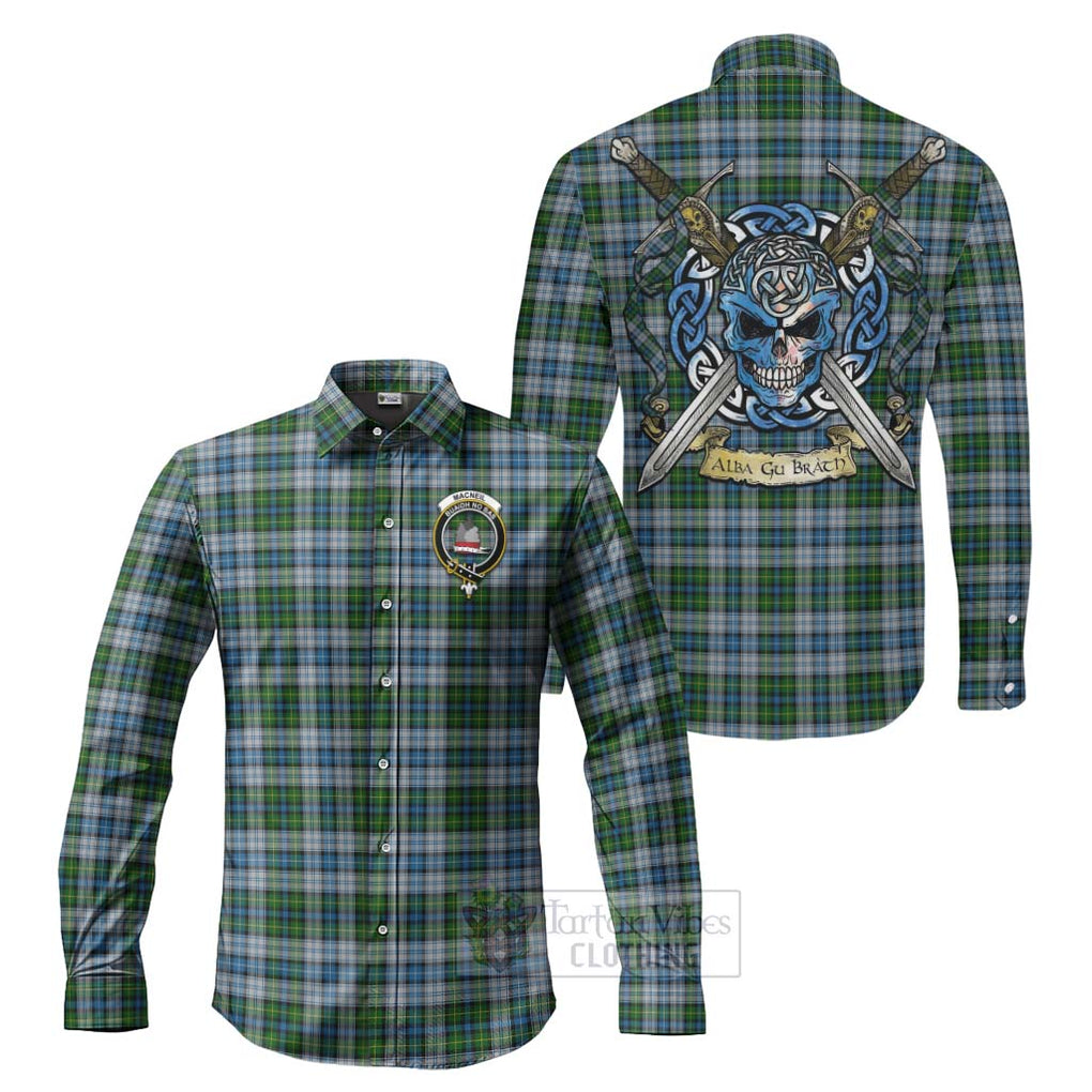 Tartan Vibes Clothing MacNeil (McNeil) Tartan Long Sleeve Button Shirt with Family Crest Celtic Skull Style