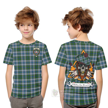 MacNeil (McNeil) Tartan Kid T-Shirt with Family Crest and Bearded Skull Holding Bottles of Whiskey