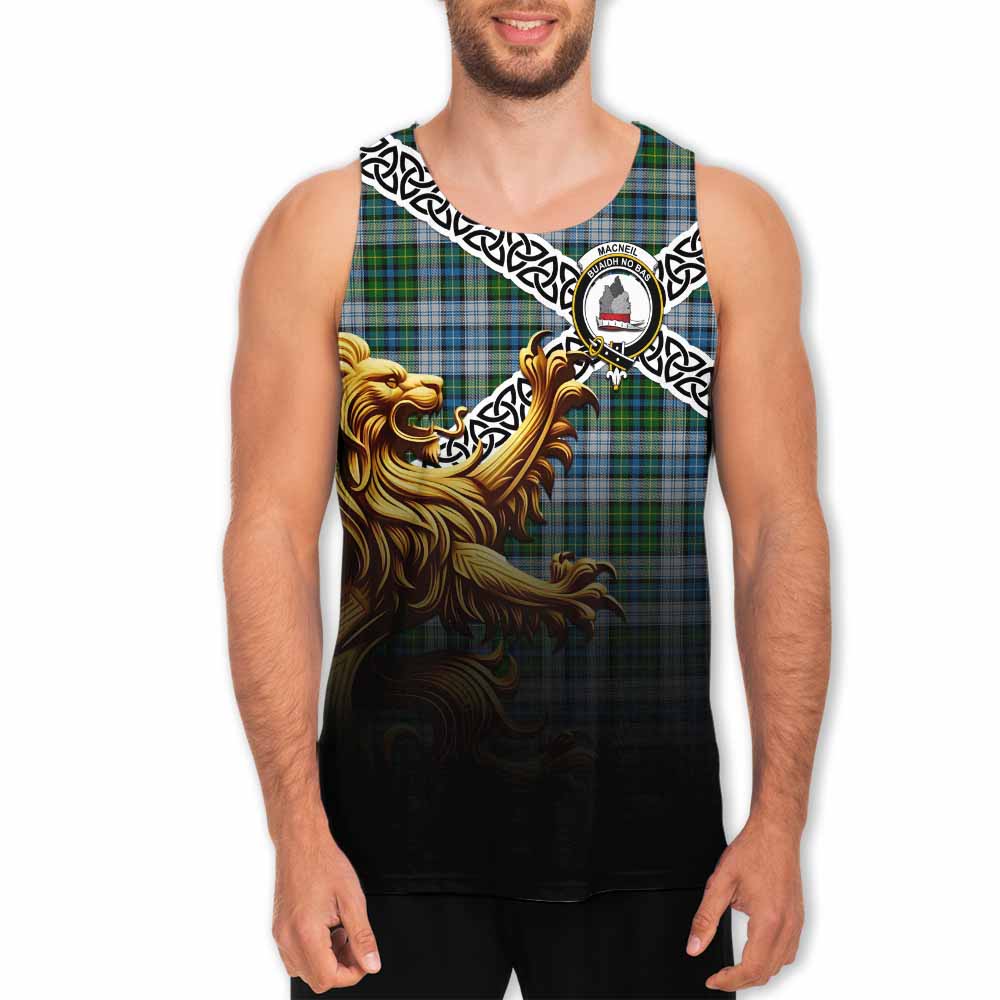 Tartan Vibes Clothing MacNeil (McNeil) Crest Tartan Men's Tank Top with Golden Lion Emblem Celtic Style