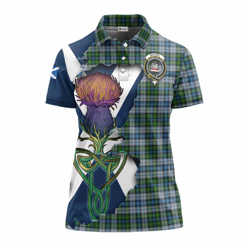 Tartan Vibes Clothing MacNeil (McNeil) Tartan Family Crest Women's Polo Shirt Scottish Thistle Celtic Inspired
