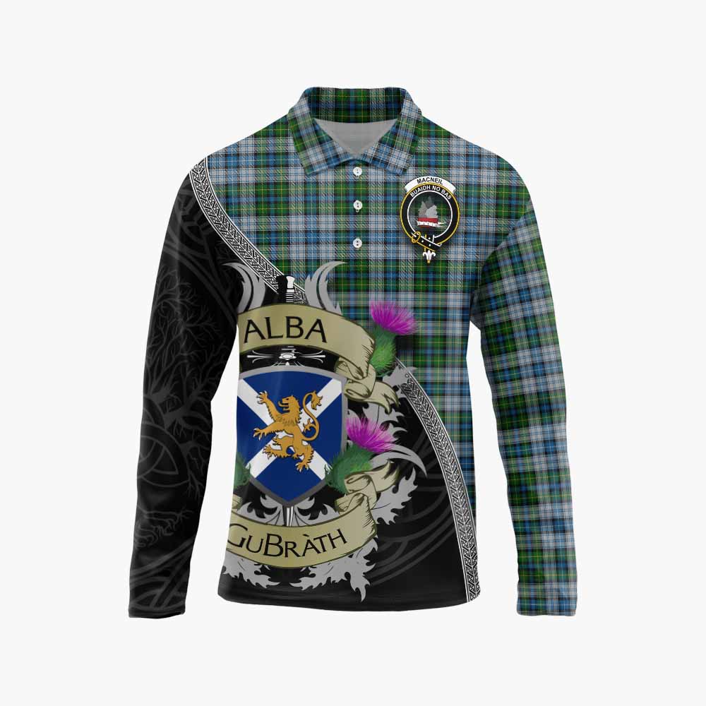 Tartan Vibes Clothing MacNeil (McNeil) Tartan Family Crest Long Sleeve Polo Shirt Lion Rampant Royal Thistle Shield Celtic Inspired