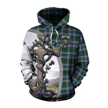 Tartan Vibes Clothing MacNeil (McNeil) Tartan Cotton Hoodie with Family Crest and St. Andrew's Cross Accented by Thistle Vines