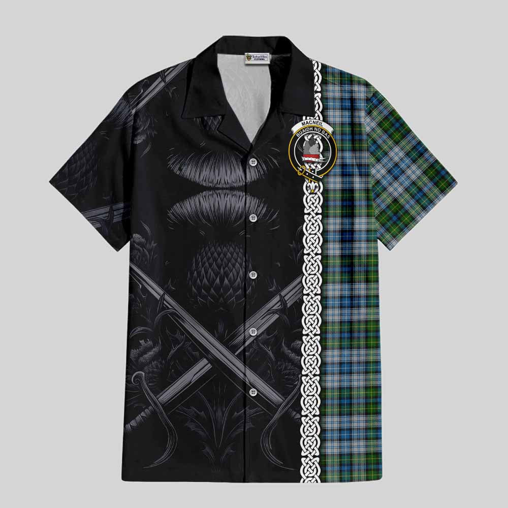 Tartan Vibes Clothing MacNeil (McNeil) Tartan Short Sleeve Button Shirt with Family Crest Cross Sword Thistle Celtic Vibes