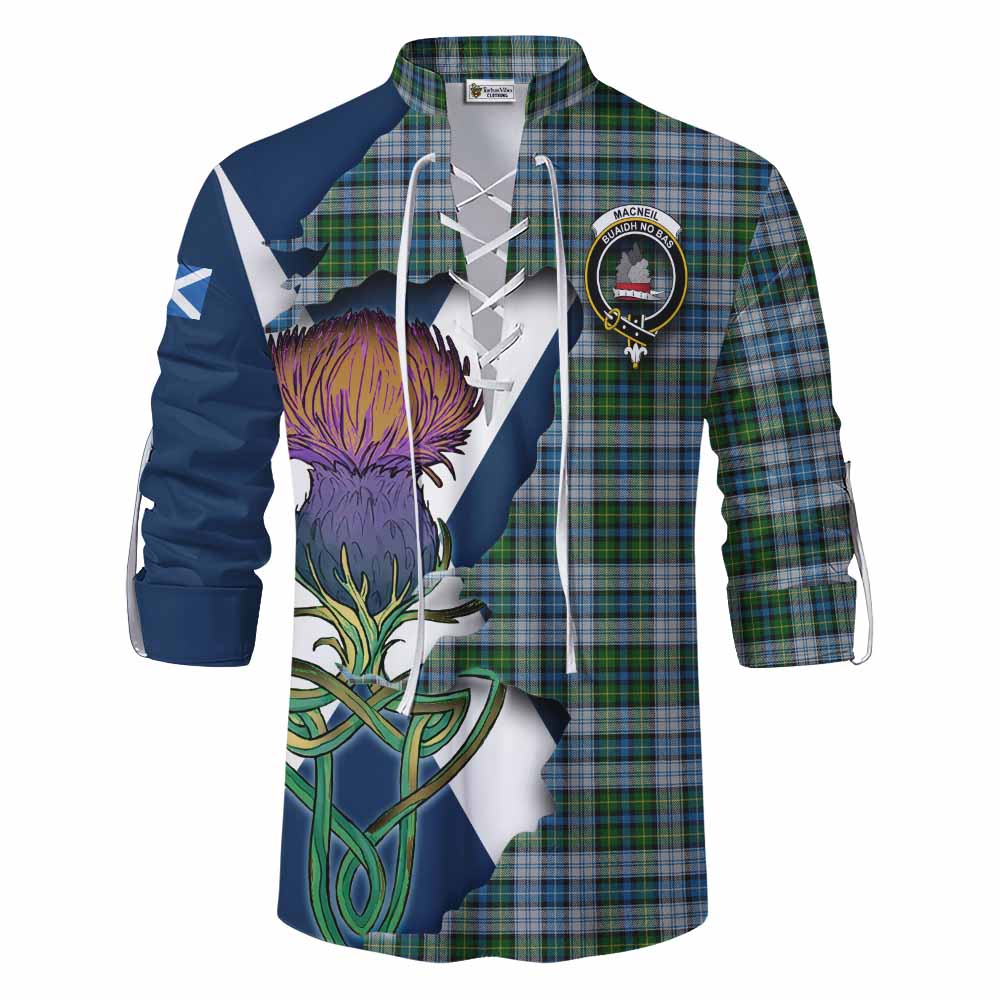 Tartan Vibes Clothing MacNeil (McNeil) Tartan Family Crest Ghillie Kilt Shirt Scottish Thistle Celtic Inspired