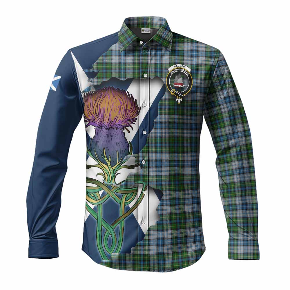 Tartan Vibes Clothing MacNeil (McNeil) Tartan Family Crest Long Sleeve Button Shirt Scottish Thistle Celtic Inspired