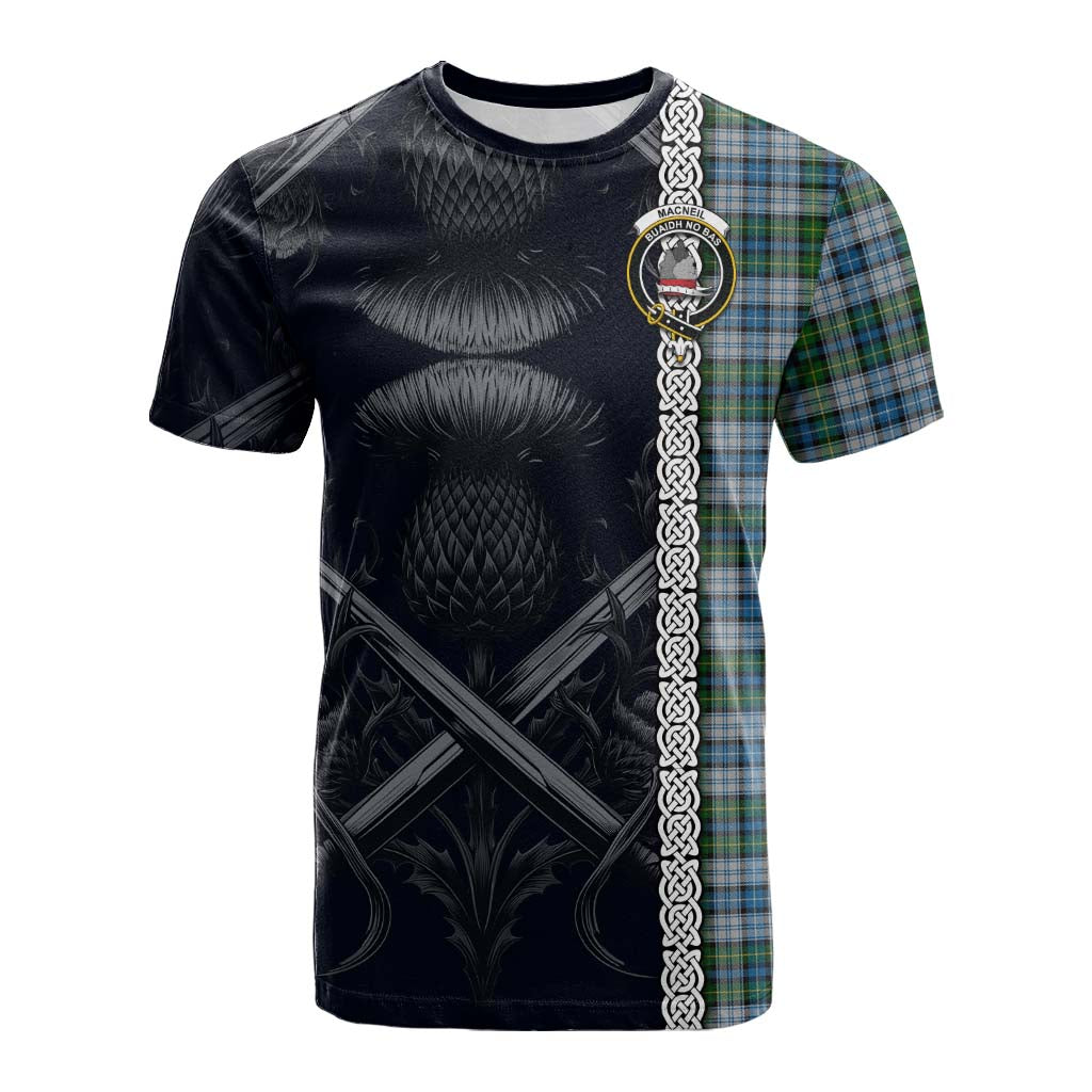 Tartan Vibes Clothing MacNeil (McNeil) Tartan Cotton T-shirt with Family Crest Cross Sword Thistle Celtic Vibes