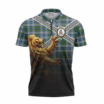 MacNeil (McNeil) Crest Tartan Zipper Polo Shirt with Golden Lion Emblem Celtic Style