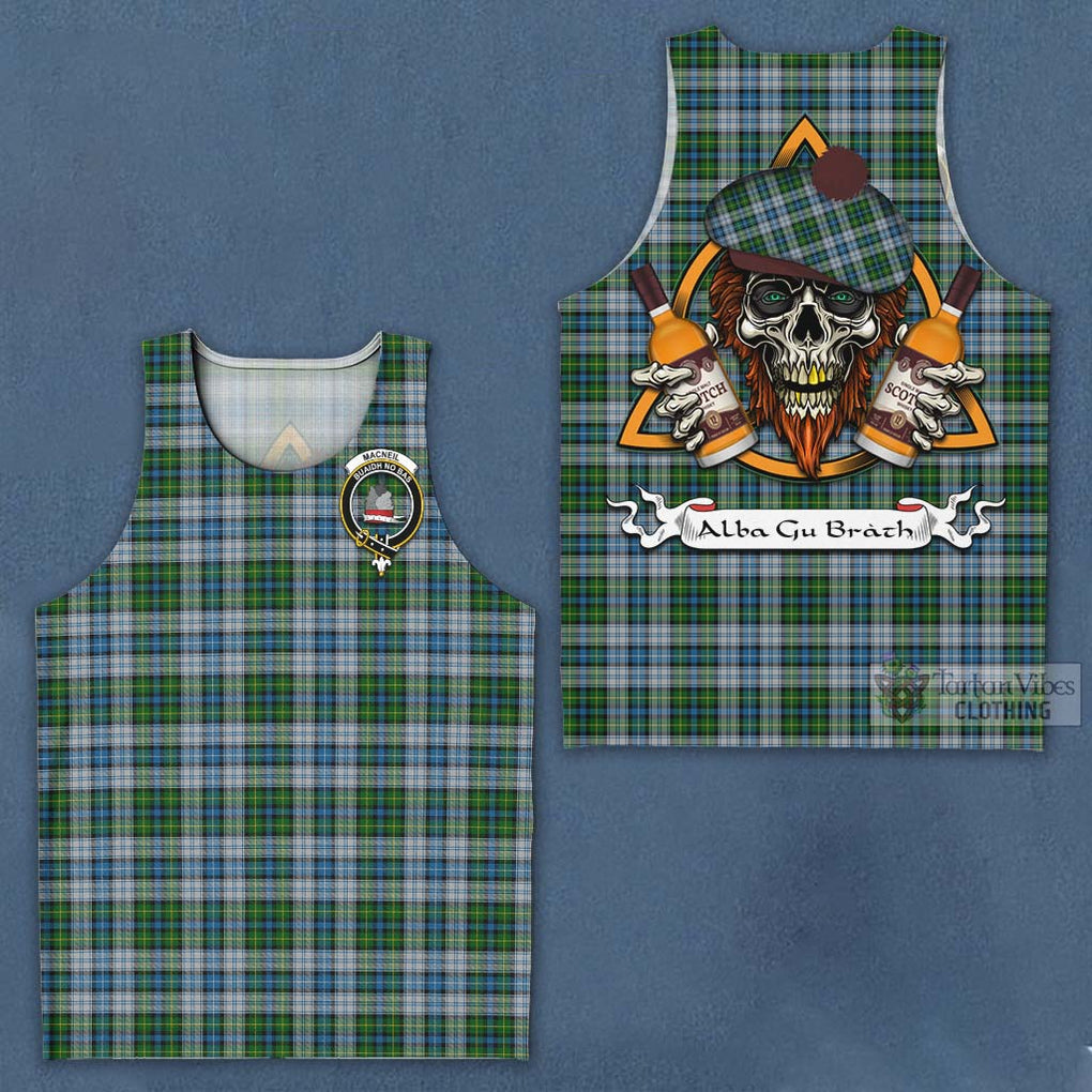 Tartan Vibes Clothing MacNeil (McNeil) Tartan Men's Tank Top with Family Crest and Bearded Skull Holding Bottles of Whiskey