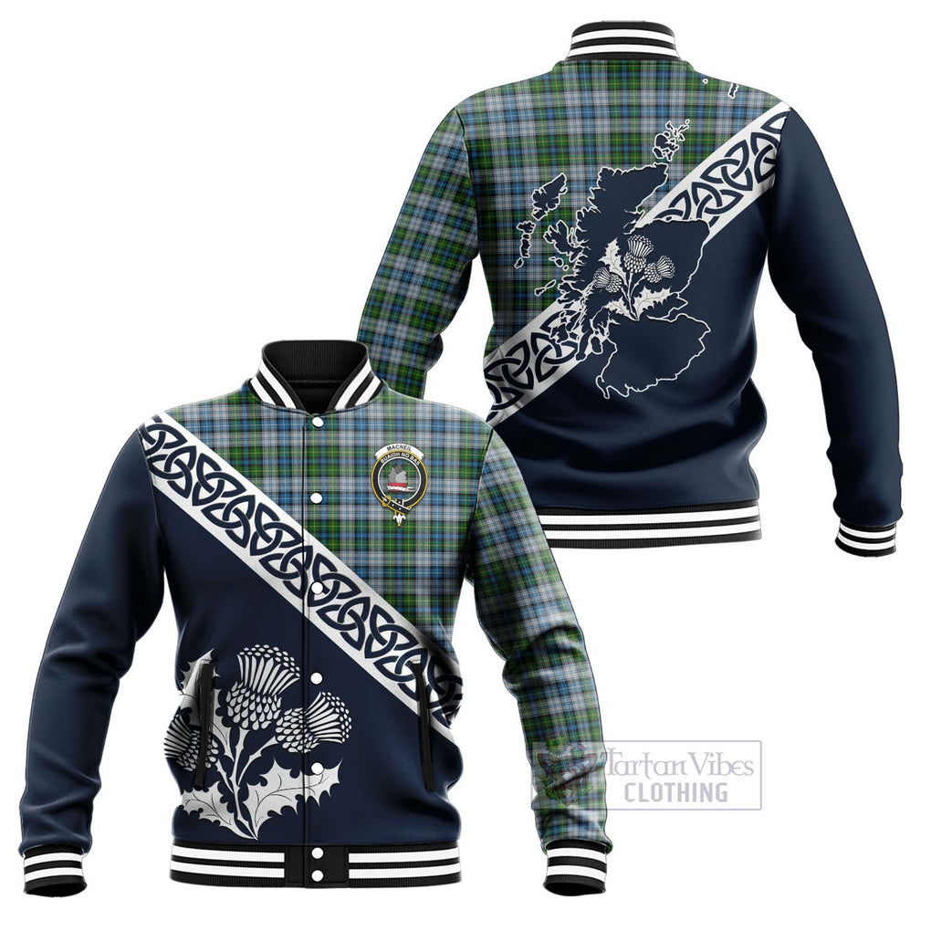 Tartan Vibes Clothing MacNeil (McNeil) Tartan Baseball Jacket Featuring Thistle and Scotland Map