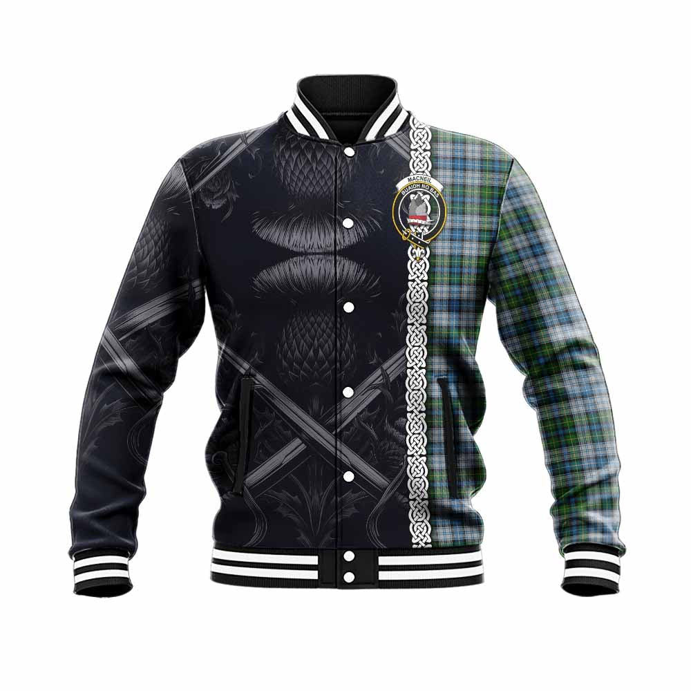 Tartan Vibes Clothing MacNeil (McNeil) Tartan Baseball Jacket with Family Crest Cross Sword Thistle Celtic Vibes