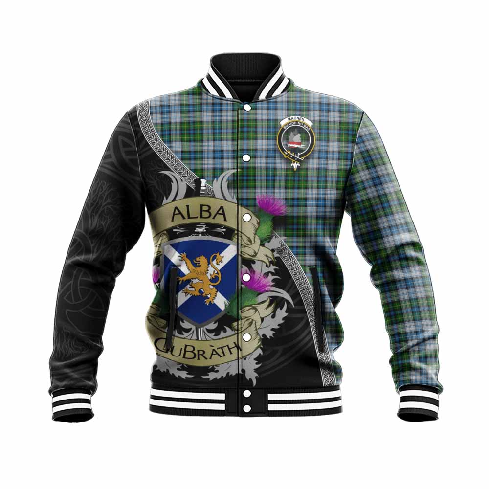 Tartan Vibes Clothing MacNeil (McNeil) Tartan Family Crest Baseball Jacket Lion Rampant Royal Thistle Shield Celtic Inspired