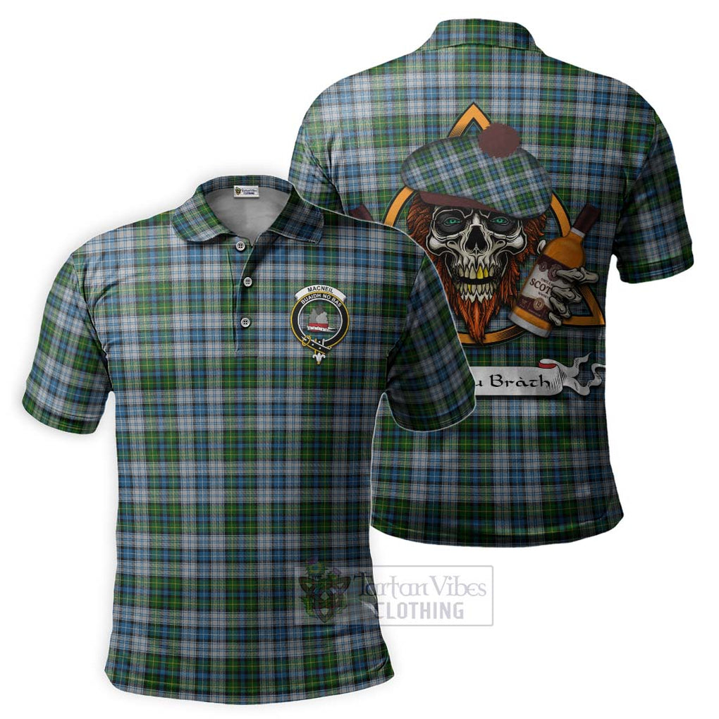 Tartan Vibes Clothing MacNeil (McNeil) Tartan Polo Shirt with Family Crest and Bearded Skull Holding Bottles of Whiskey