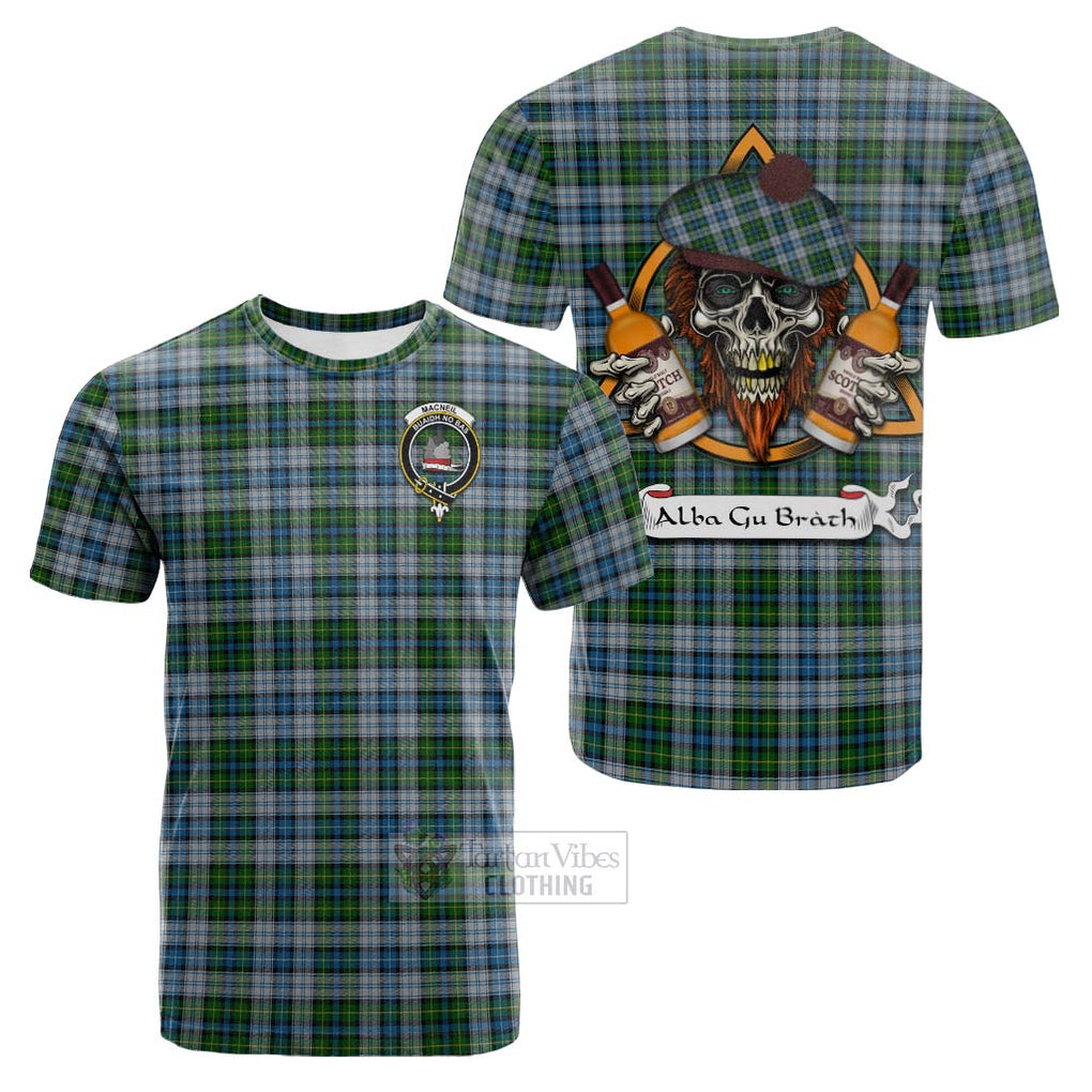 Tartan Vibes Clothing MacNeil (McNeil) Tartan Cotton T-shirt with Family Crest and Bearded Skull Holding Bottles of Whiskey