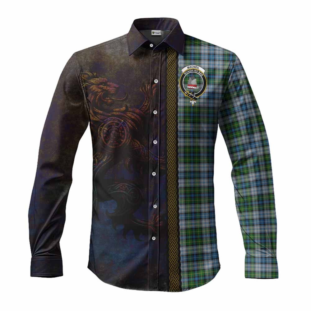 Tartan Vibes Clothing MacNeil (McNeil) Tartan Family Crest Long Sleeve Button Shirt Alba Gu Brath Be Brave Lion Ancient Style