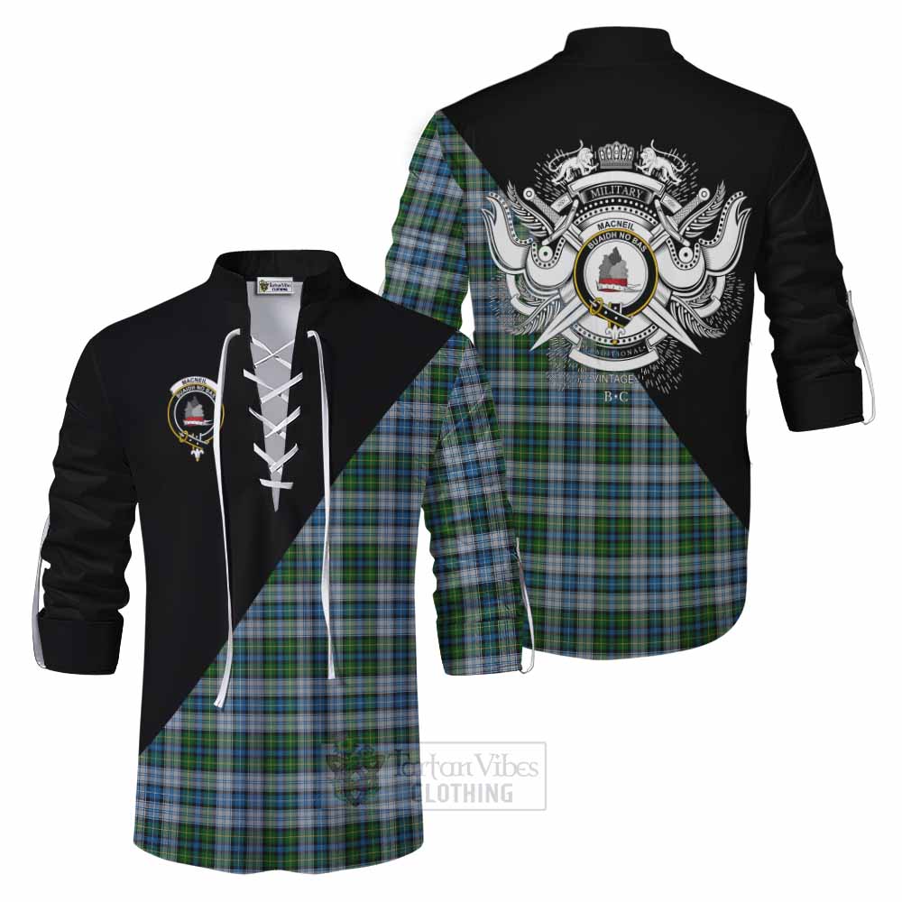 Tartan Vibes Clothing MacNeil (McNeil) Tartan Ghillie Kilt Shirt with Family Crest and Military Logo Style