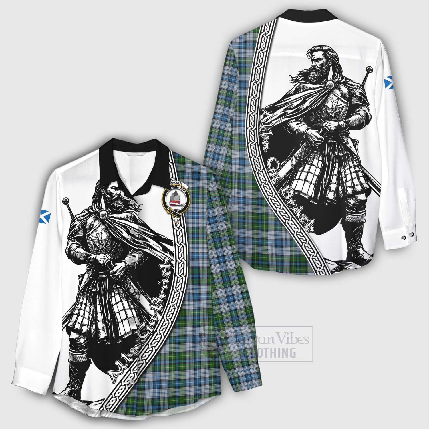 Tartan Vibes Clothing MacNeil (McNeil) Tartan Clan Crest Women's Casual Shirt with Highlander Warrior Celtic Style