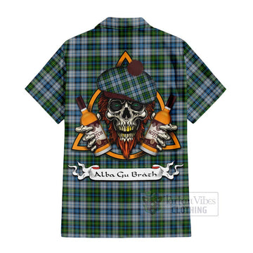 Tartan Vibes Clothing MacNeil (McNeil) Tartan Short Sleeve Button Shirt with Family Crest and Bearded Skull Holding Bottles of Whiskey