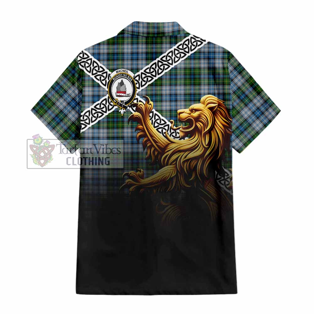 Tartan Vibes Clothing MacNeil (McNeil) Crest Tartan Short Sleeve Button Shirt with Golden Lion Emblem Celtic Style