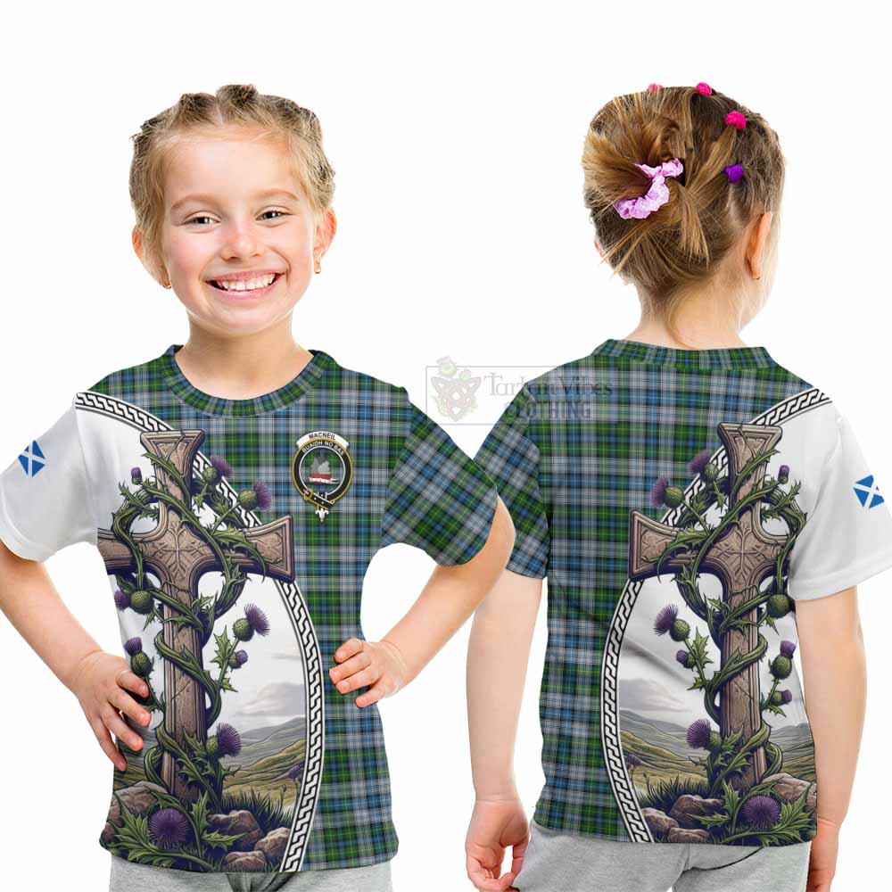 Tartan Vibes Clothing MacNeil (McNeil) Tartan Kid T-Shirt with Family Crest and St. Andrew's Cross Accented by Thistle Vines