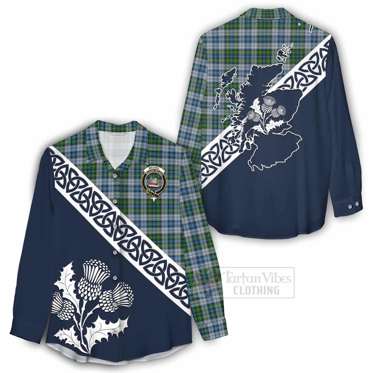 Tartan Vibes Clothing MacNeil (McNeil) Tartan Women's Casual Shirt Featuring Thistle and Scotland Map