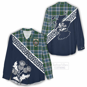 Tartan Vibes Clothing MacNeil (McNeil) Tartan Women's Casual Shirt Featuring Thistle and Scotland Map