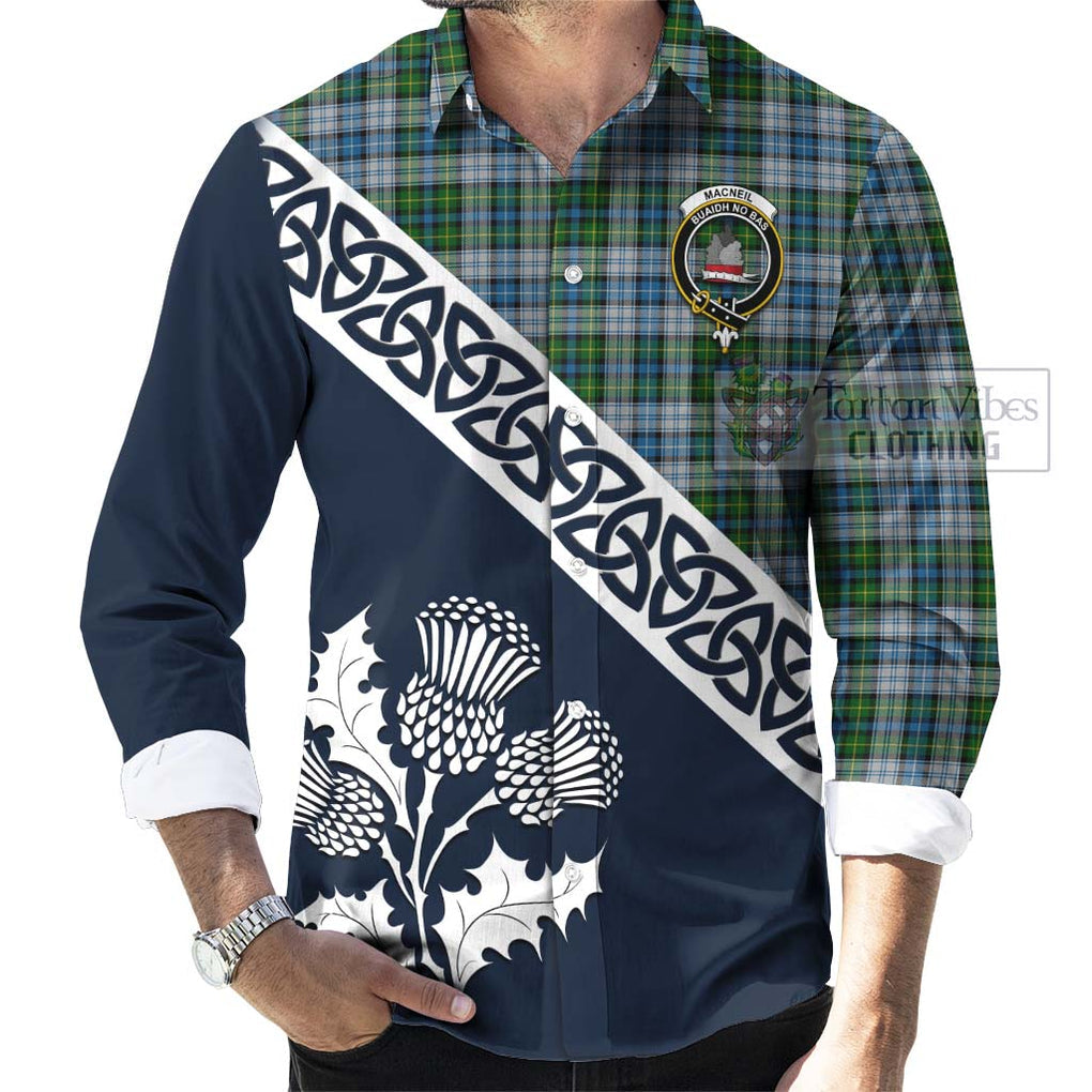 Tartan Vibes Clothing MacNeil (McNeil) Tartan Long Sleeve Button Shirt Featuring Thistle and Scotland Map