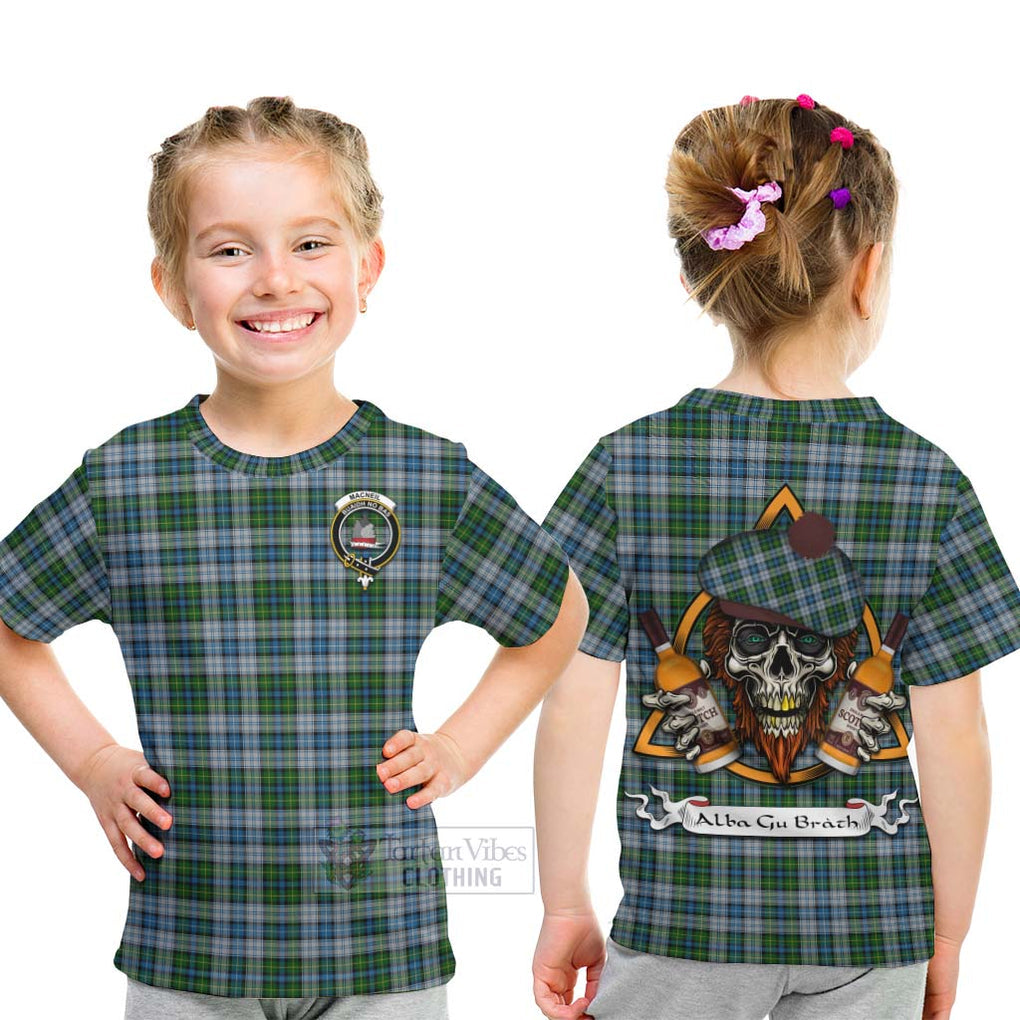 Tartan Vibes Clothing MacNeil (McNeil) Tartan Kid T-Shirt with Family Crest and Bearded Skull Holding Bottles of Whiskey