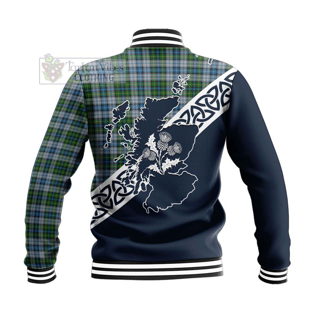 Tartan Vibes Clothing MacNeil (McNeil) Tartan Baseball Jacket Featuring Thistle and Scotland Map