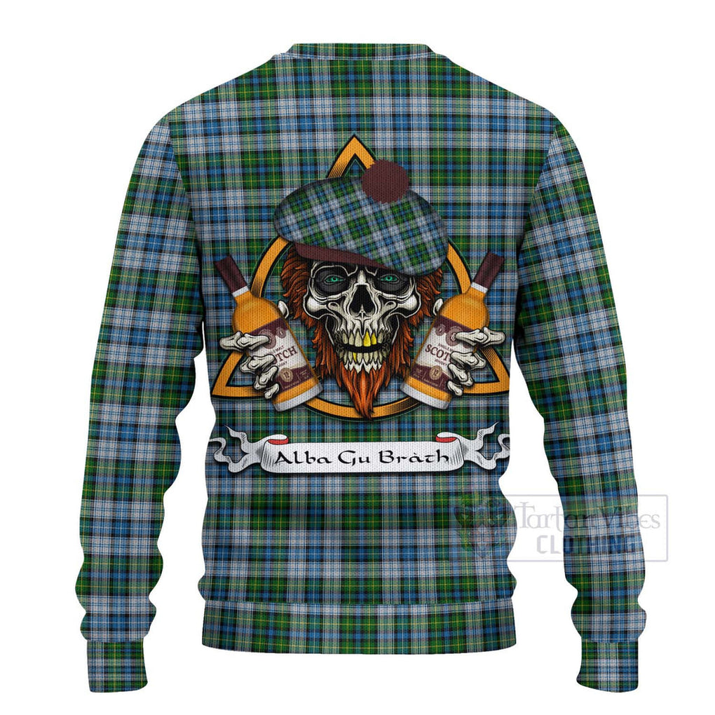 Tartan Vibes Clothing MacNeil (McNeil) Tartan Knitted Sweater with Family Crest and Bearded Skull Holding Bottles of Whiskey