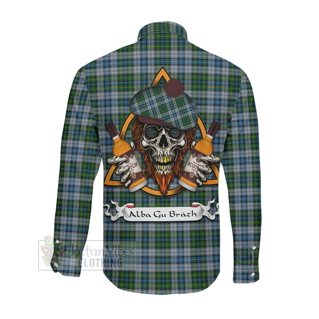Tartan Vibes Clothing MacNeil (McNeil) Tartan Long Sleeve Button Shirt with Family Crest and Bearded Skull Holding Bottles of Whiskey