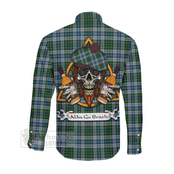 MacNeil (McNeil) Tartan Long Sleeve Button Shirt with Family Crest and Bearded Skull Holding Bottles of Whiskey