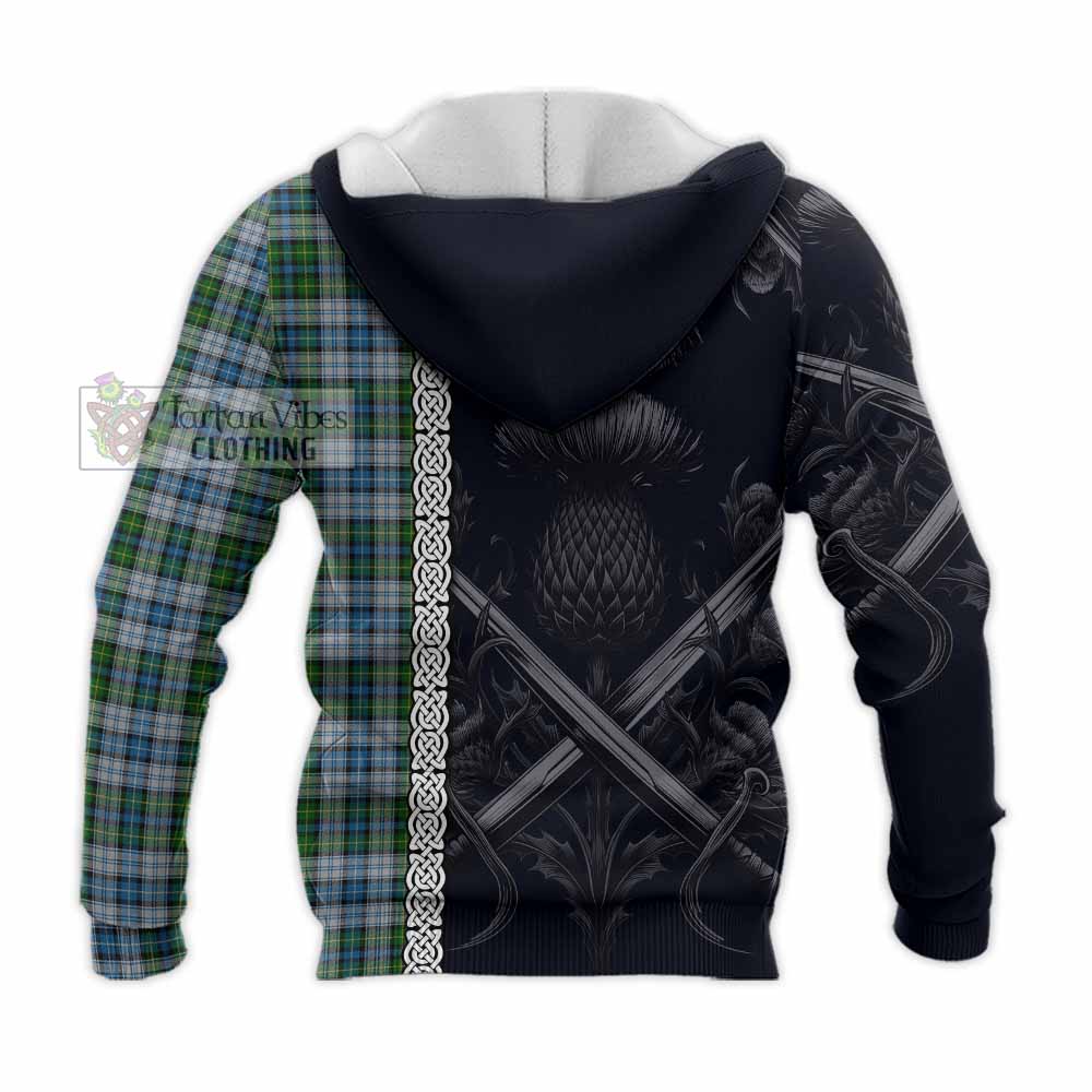 Tartan Vibes Clothing MacNeil (McNeil) Tartan Knitted Hoodie with Family Crest Cross Sword Thistle Celtic Vibes