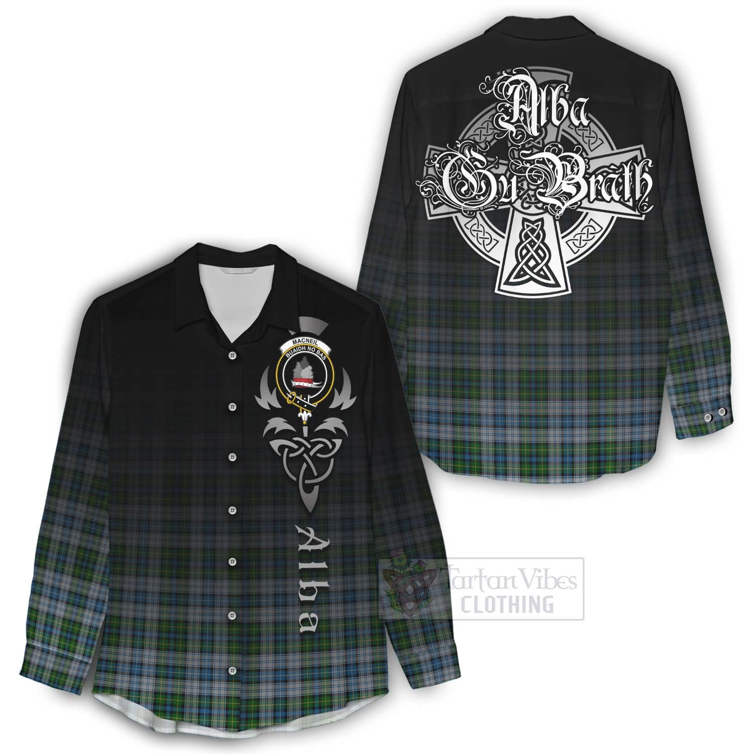 Tartan Vibes Clothing MacNeil (McNeil) Tartan Women's Casual Shirt Featuring Alba Gu Brath Family Crest Celtic Inspired