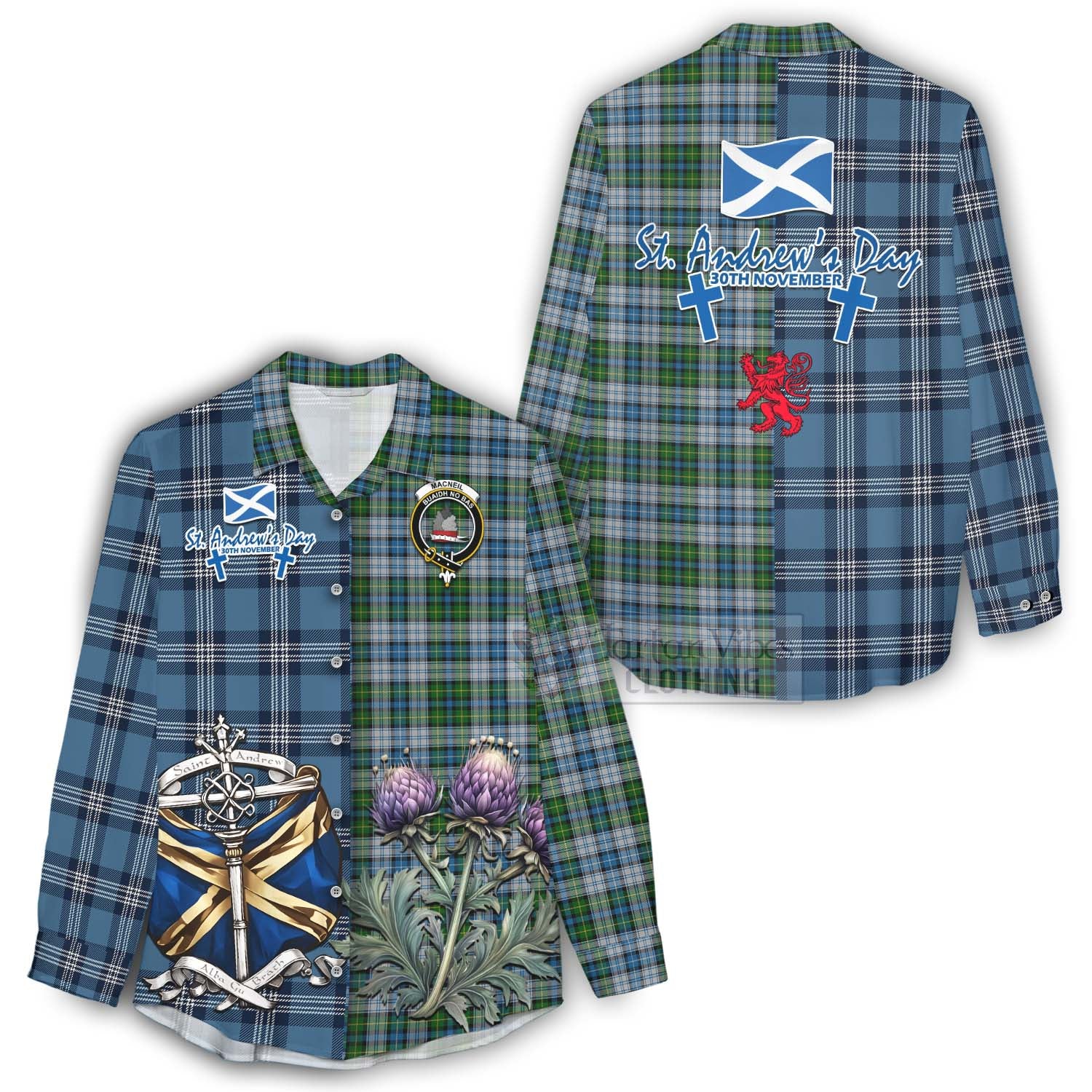 Tartan Vibes Clothing MacNeil (McNeil) Tartan Women's Casual Shirt Happy St. Andrew's Day Half Tartan Style