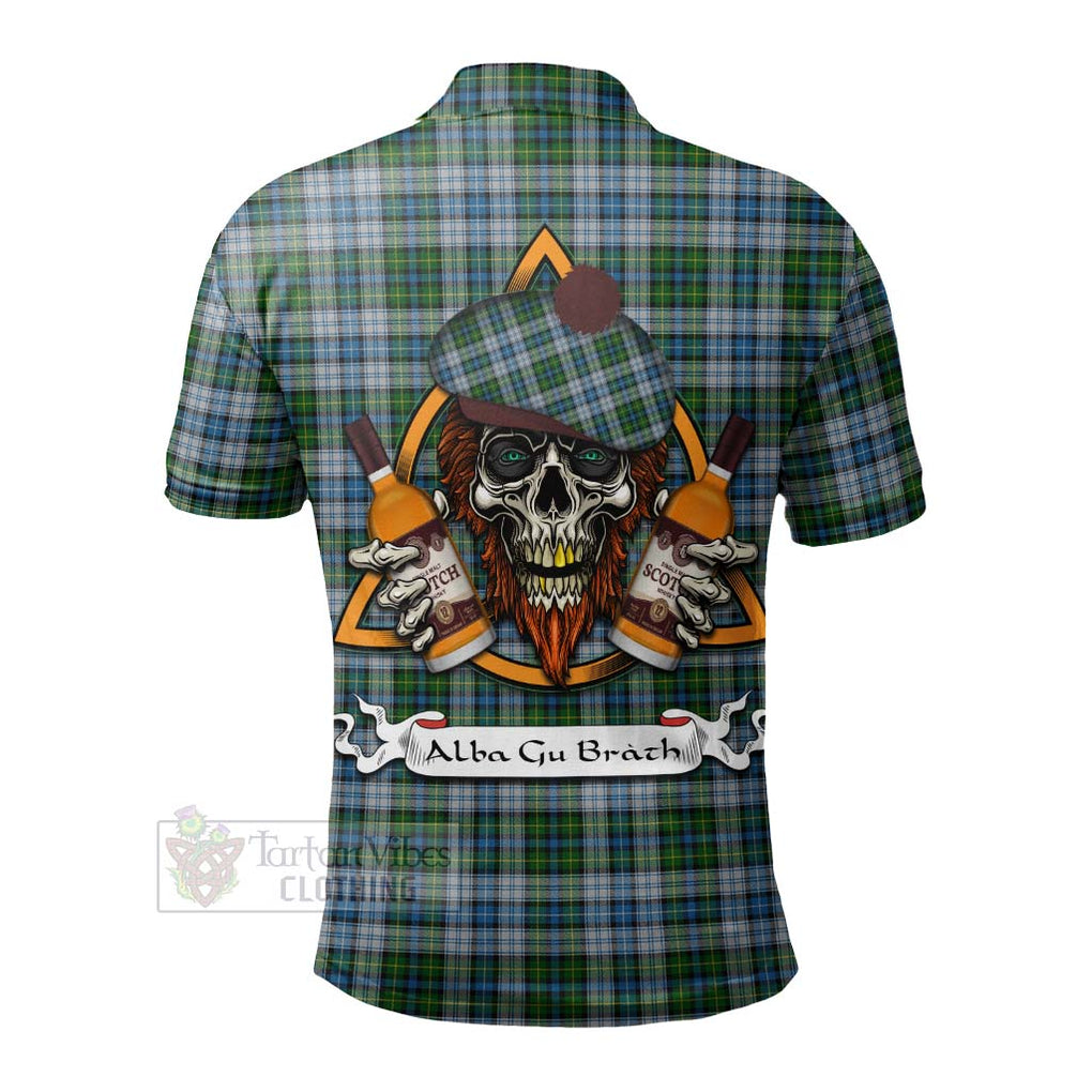 Tartan Vibes Clothing MacNeil (McNeil) Tartan Polo Shirt with Family Crest and Bearded Skull Holding Bottles of Whiskey