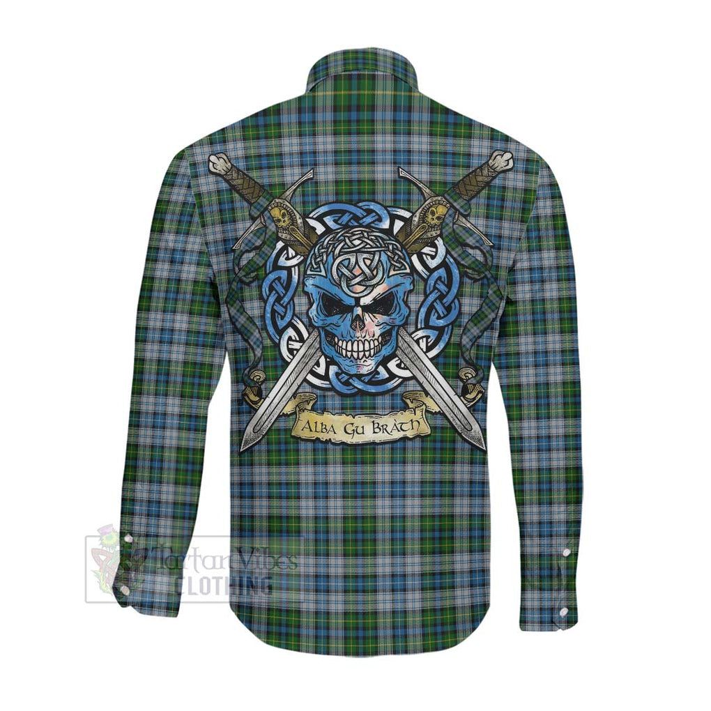 Tartan Vibes Clothing MacNeil (McNeil) Tartan Long Sleeve Button Shirt with Family Crest Celtic Skull Style