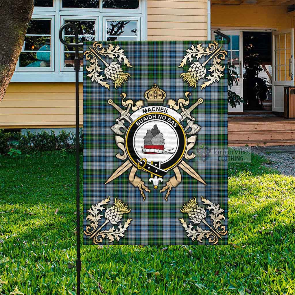 Tartan Vibes Clothing MacNeil (McNeil) Tartan Flag with Family Crest and Golden Thistle Crossed Sword Design