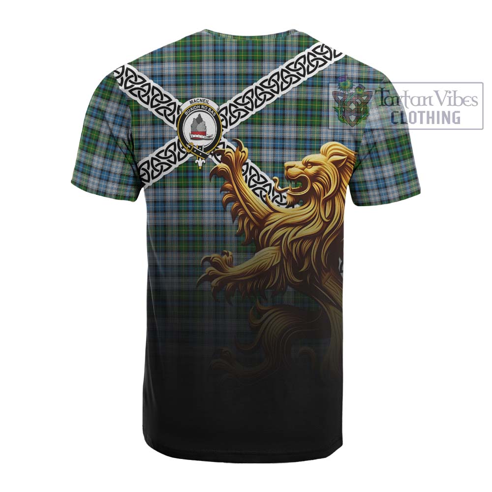 Tartan Vibes Clothing MacNeil (McNeil) Crest Tartan Cotton T-shirt with Golden Lion Emblem Celtic Style