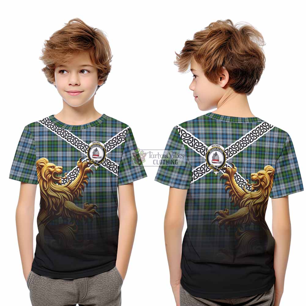 Tartan Vibes Clothing MacNeil (McNeil) Crest Tartan Kid T-Shirt with Golden Lion Emblem Celtic Style