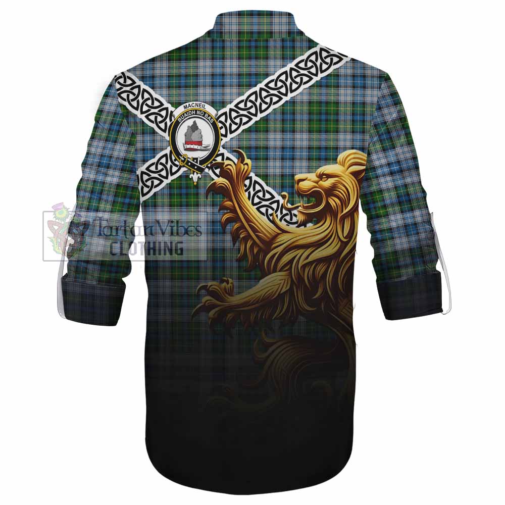 Tartan Vibes Clothing MacNeil (McNeil) Crest Tartan Ghillie Kilt Shirt with Golden Lion Emblem Celtic Style