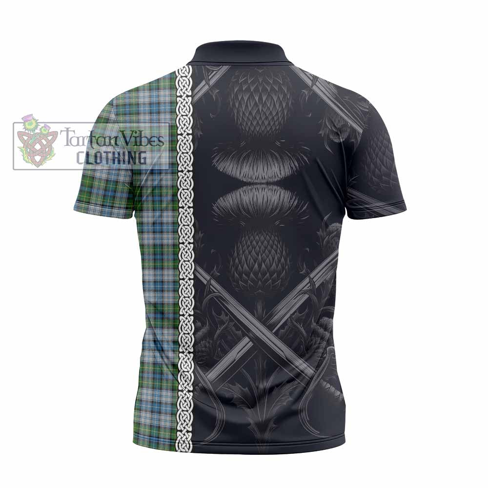 Tartan Vibes Clothing MacNeil (McNeil) Tartan Zipper Polo Shirt with Family Crest Cross Sword Thistle Celtic Vibes