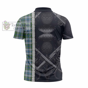 MacNeil (McNeil) Tartan Zipper Polo Shirt with Family Crest Cross Sword Thistle Celtic Vibes