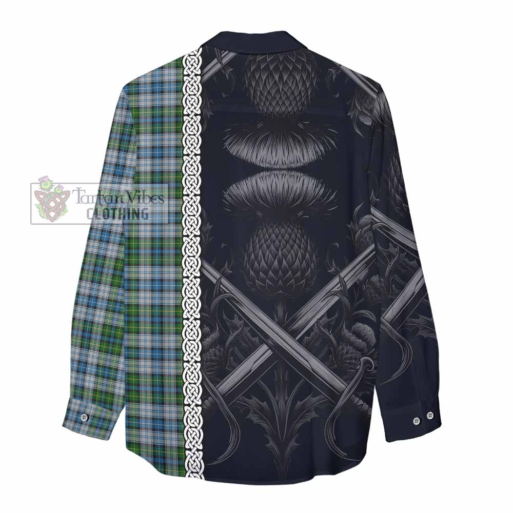 Tartan Vibes Clothing MacNeil (McNeil) Tartan Women's Casual Shirt with Family Crest Cross Sword Thistle Celtic Vibes