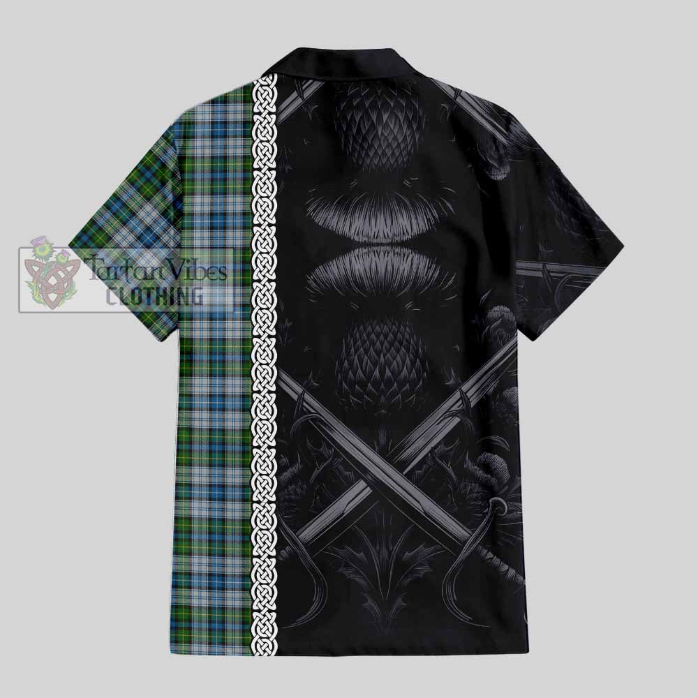 Tartan Vibes Clothing MacNeil (McNeil) Tartan Short Sleeve Button Shirt with Family Crest Cross Sword Thistle Celtic Vibes