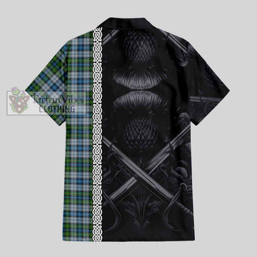 Tartan Vibes Clothing MacNeil (McNeil) Tartan Short Sleeve Button Shirt with Family Crest Cross Sword Thistle Celtic Vibes