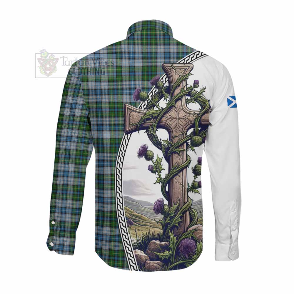 Tartan Vibes Clothing MacNeil (McNeil) Tartan Long Sleeve Button Shirt with Family Crest and St. Andrew's Cross Accented by Thistle Vines